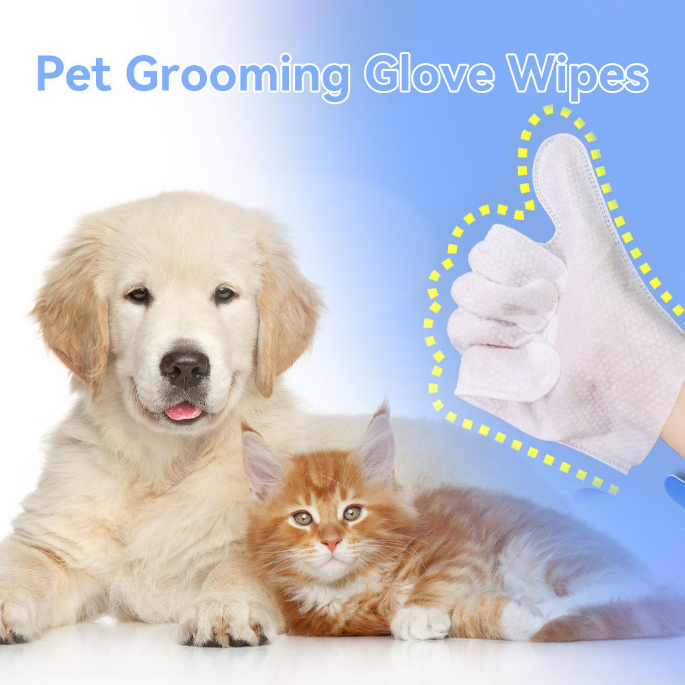 Wefulfil pet cleaning wipes for dogs and cats shown with golden retriever puppy orange kitten and white grooming glove