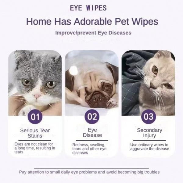 Pet Safe Eye Wipes Wefulfil pack showing cat and dog images with tear stains redness and eye disease prevention
