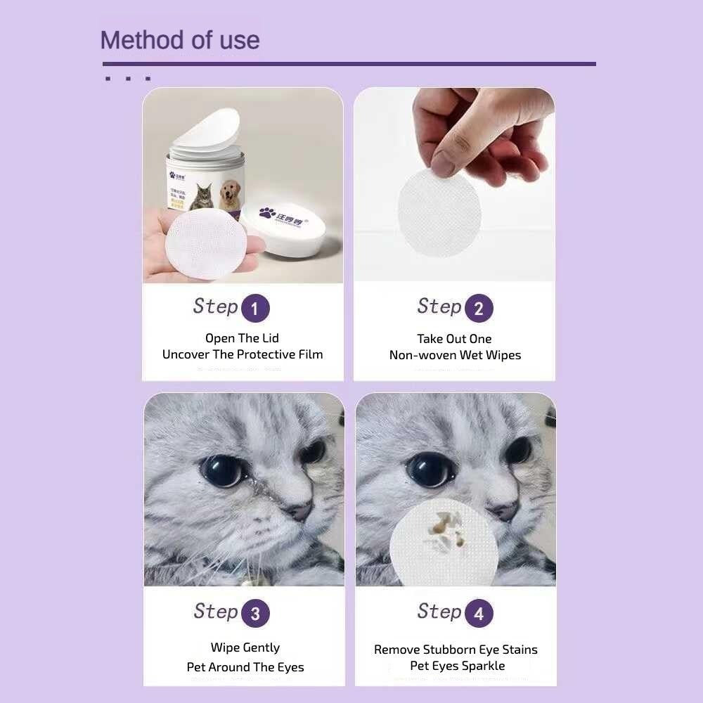 Pet Safe Eye Wipes by Wefulfil packaging and step by step use showing wiping cat eyes to remove stains