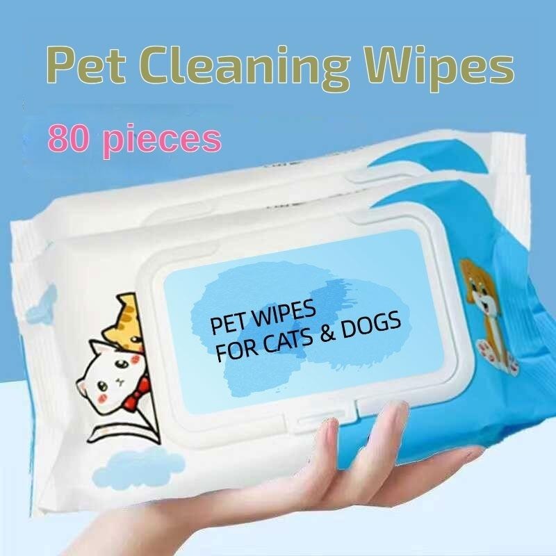 Wefulfil blue pack of 80 pet cleaning wipes held in hand labeled for cats and dogs plant-based pet wipes for dogs and cats