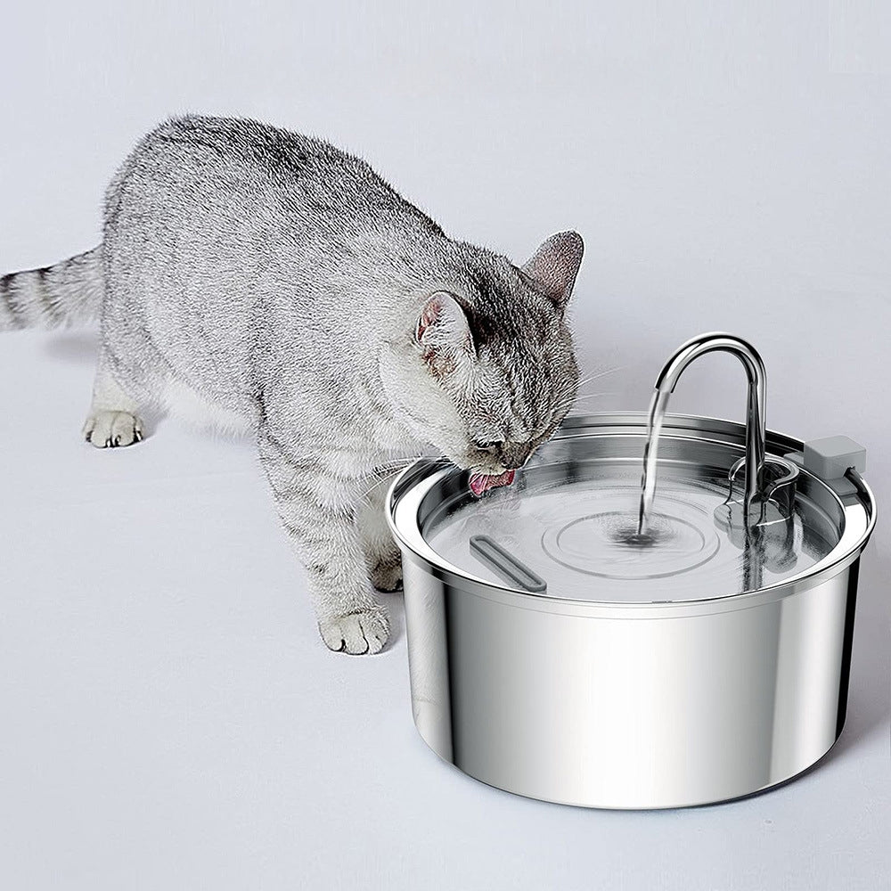 Purrfect Pet Haven stainless steel pet water fountain round bowl with flowing spout and gray cat drinking