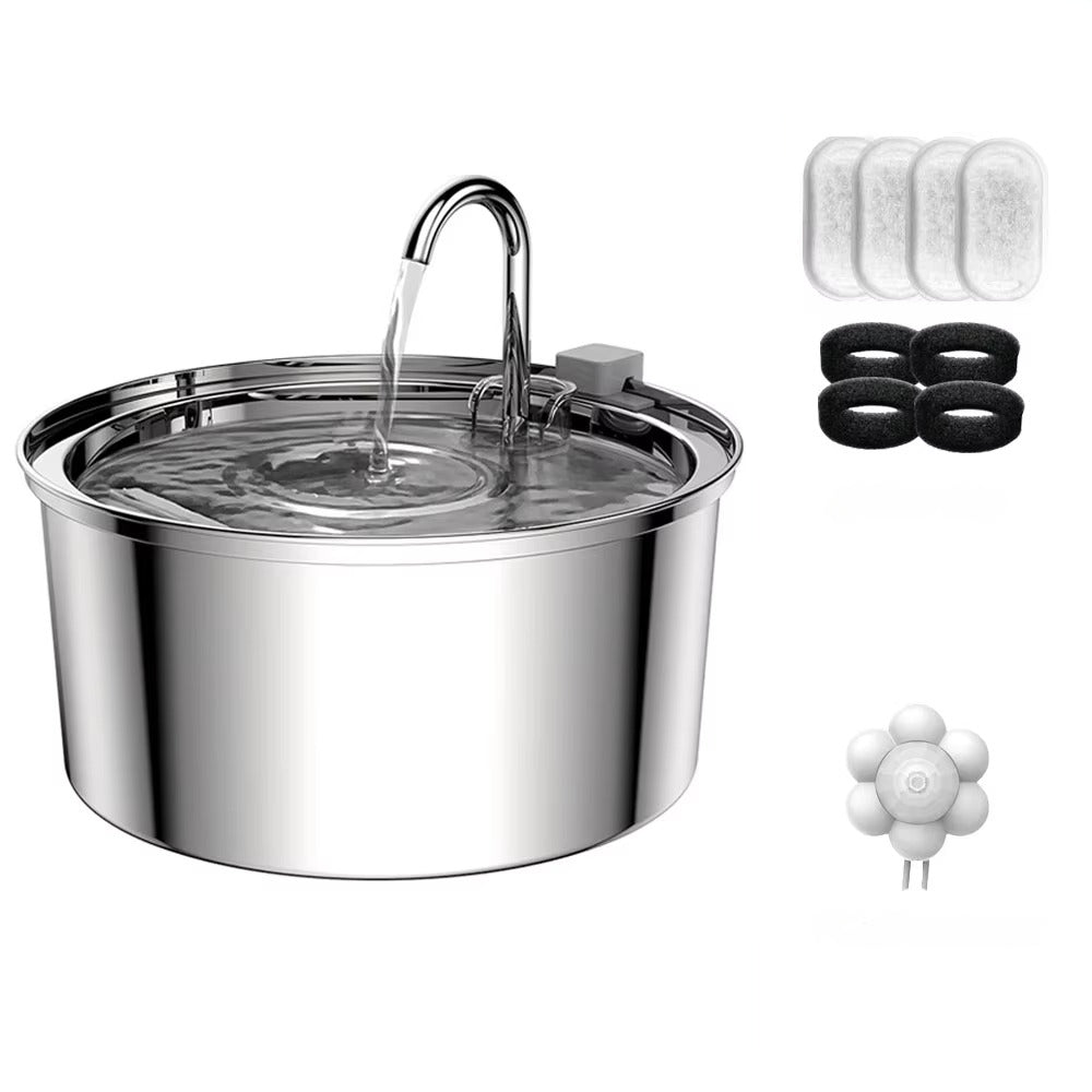 Purrfect Pet Haven stainless steel pet water fountain with flowing spout and replacement filters