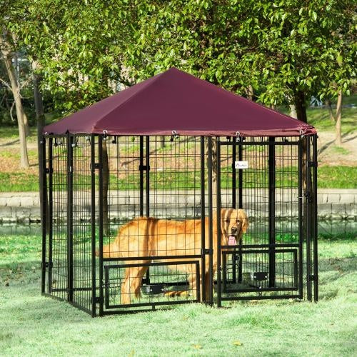 Wefulfil outdoor dog kennel with rotating bowl rack metal hexagonal pen with canopy and medium dog inside