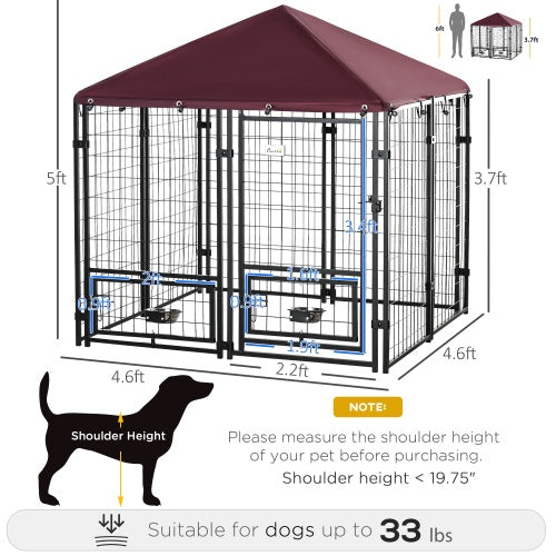 Wefulfil outdoor dog kennel with rotating bowl rack steel wire pen with maroon canopy, double doors, fits dogs up to 33 lbs