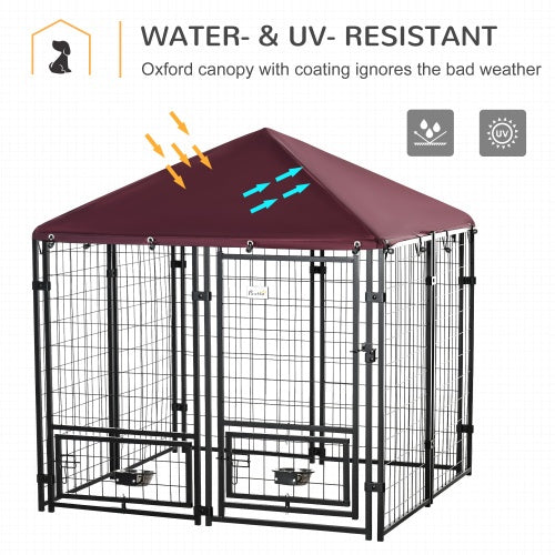 Wefulfil outdoor dog kennel with rotating bowl rack maroon water and UV resistant canopy metal frame