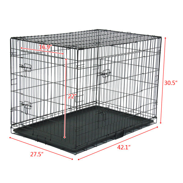 Wefulfil Black Dog Cage metal wire crate with removable plastic tray for small to medium dogs 42x27x30 in