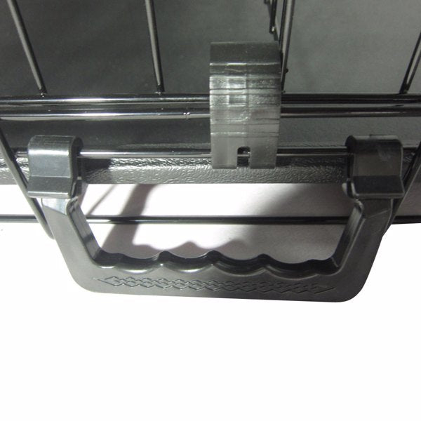 Wefulfil Black Dog Cage sturdy plastic carry handle and metal latch close up for portable pet transport