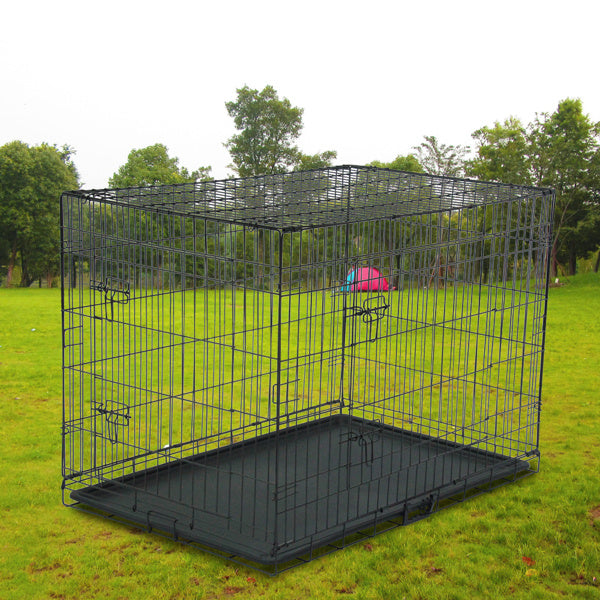 Wefulfil Black Dog Cage metal wire crate with removable plastic tray on grass for travel and training