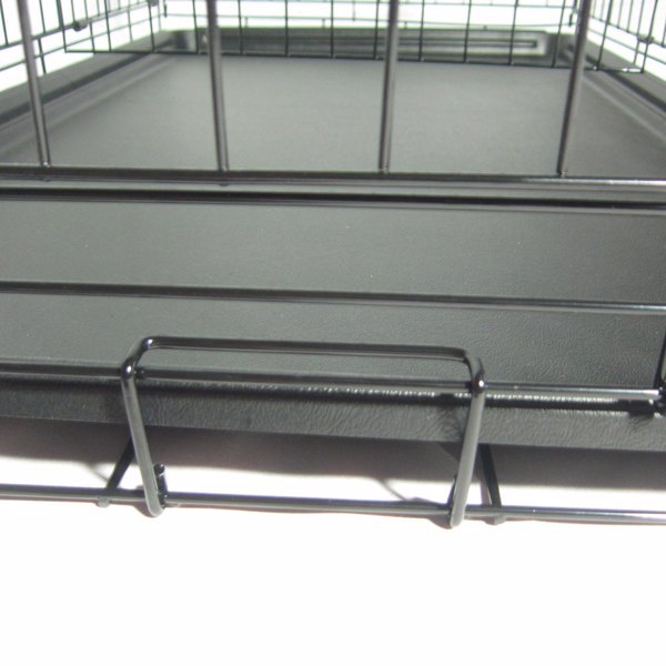 Black Dog Cage by Wefulfil close up of metal wire crate with removable plastic tray and latch
