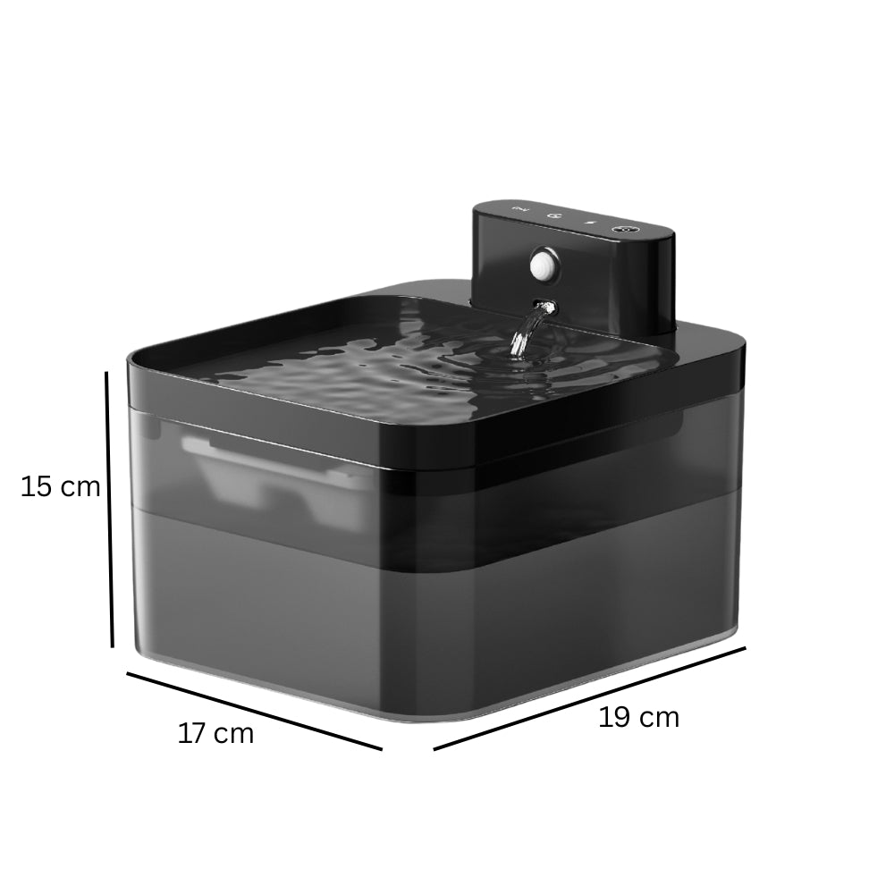 Purrfect Pet Haven compact black wireless pet water fountain with top spout, control buttons, translucent reservoir