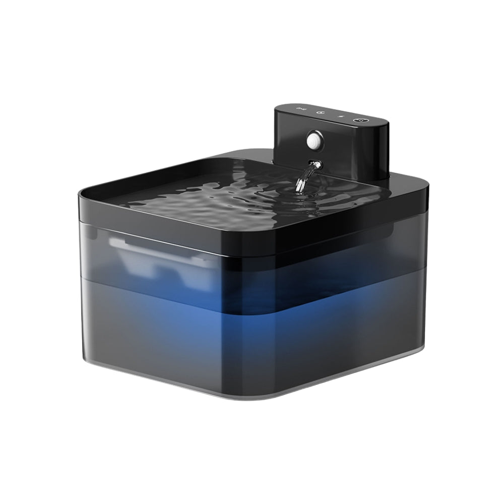 Purrfect Pet Haven black wireless pet water fountain with clear blue tank and top spout for cats