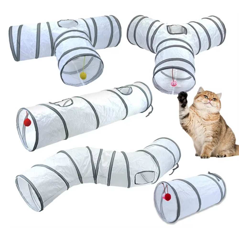 Purrfect Pet Haven Cat Tunnel Set white collapsible play tubes with hanging balls and peek windows for cats