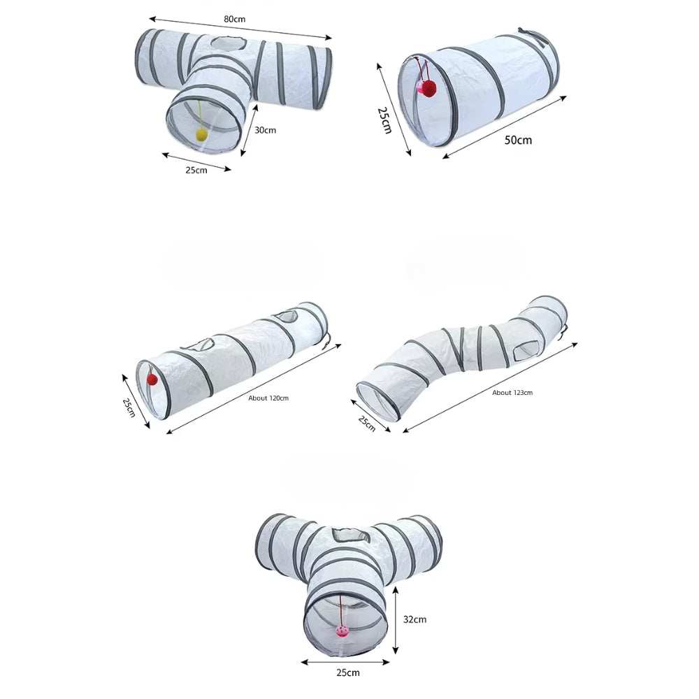Purrfect Pet Haven Cat Tunnel Set white collapsible three way play tunnel with dangling balls and mesh window