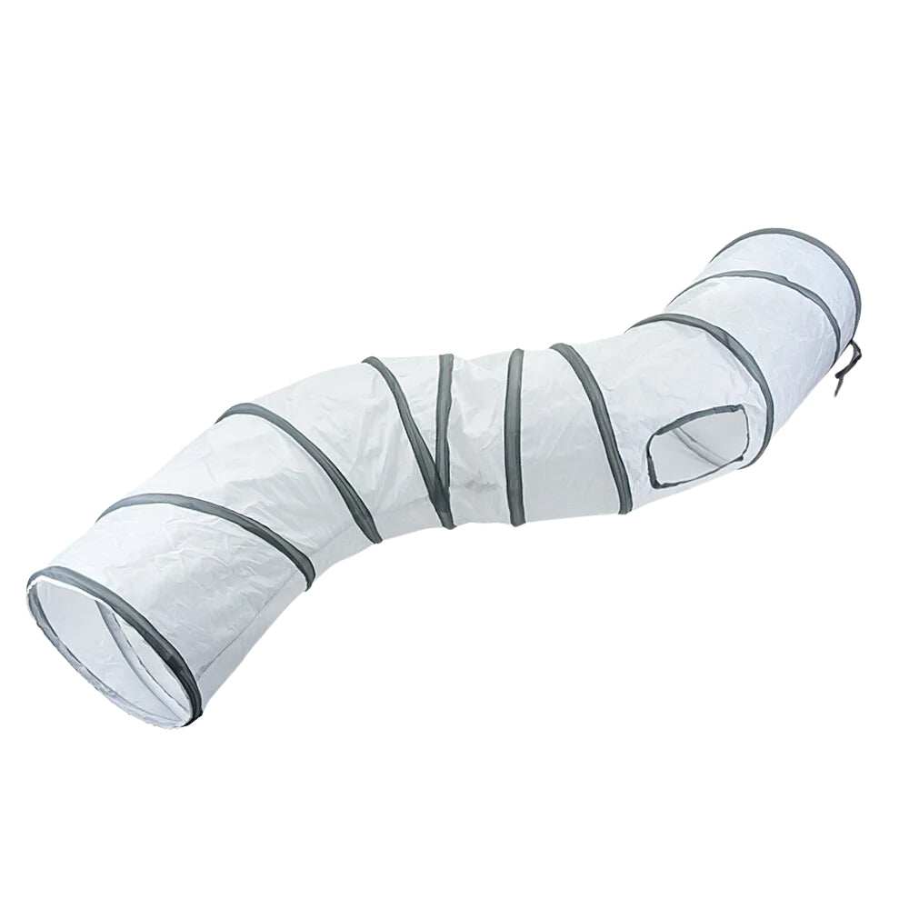Purrfect Pet Haven Cat Tunnel Set white collapsible play tunnel with peekaboo side window and gray trim
