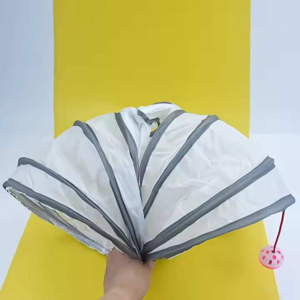 Purrfect Pet Haven Cat Tunnel Set collapsible white and gray play tunnel with dangling pink polka dot ball