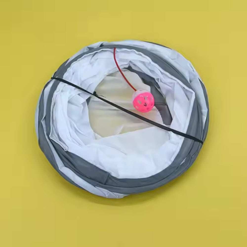 Purrfect Pet Haven Cat Tunnel Set collapsible gray and white play tunnel with attached pink ball toy on yellow backdrop
