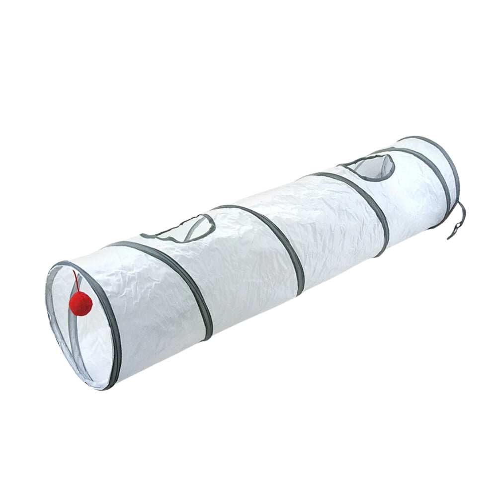 Purrfect Pet Haven Cat Tunnel Set collapsible white play tunnel with three openings and red dangling toy