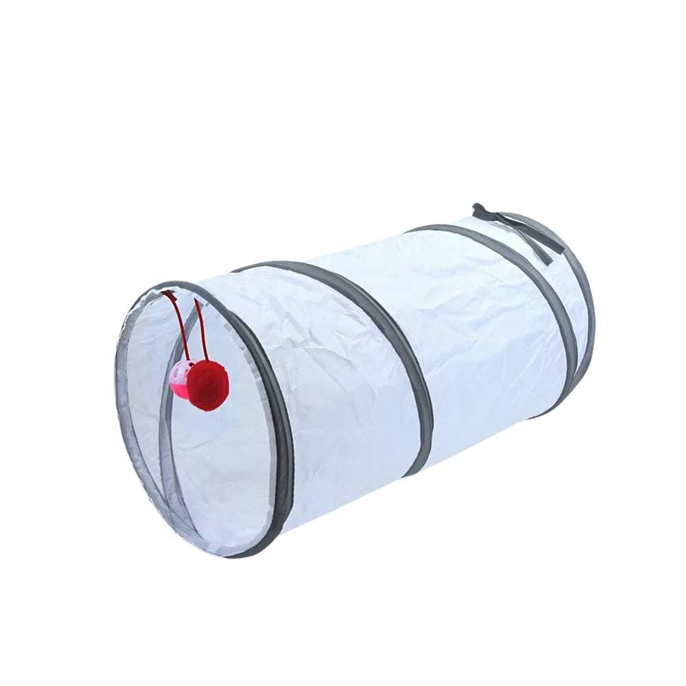 Purrfect Pet Haven Cat Tunnel Set white collapsible play tunnel with gray trim and red dangling pom pom