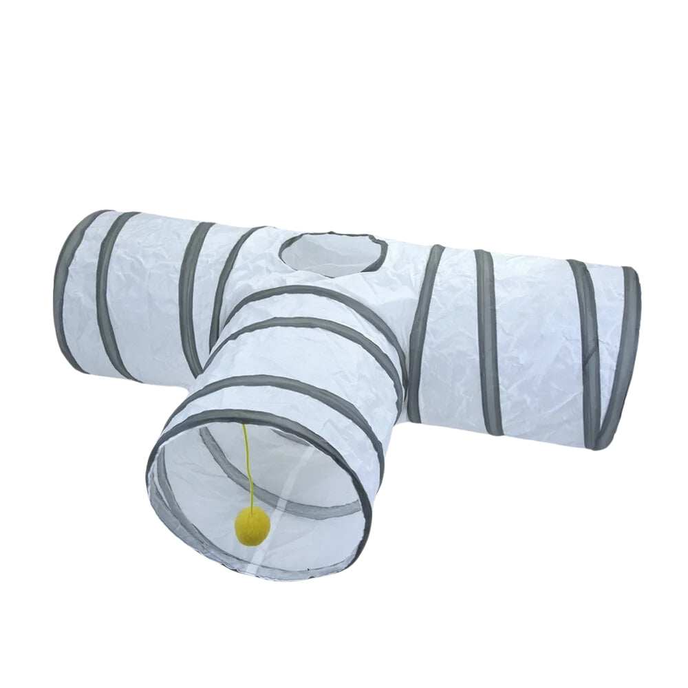 Purrfect Pet Haven Cat Tunnel Set white T shaped crinkle tunnel with gray trim and yellow ball toy