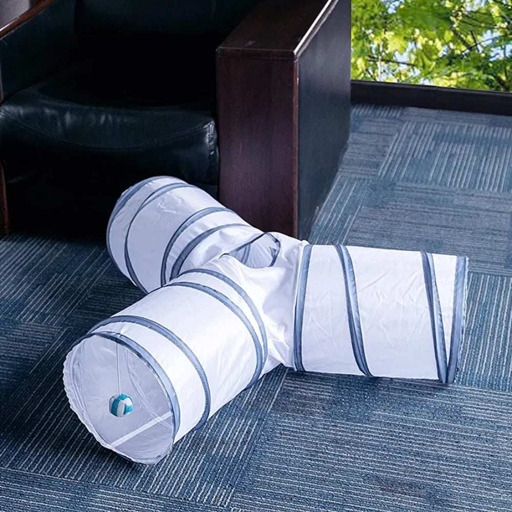 Purrfect Pet Haven Cat Tunnel Set three way nylon play tunnel with hanging ball toy for indoor cats