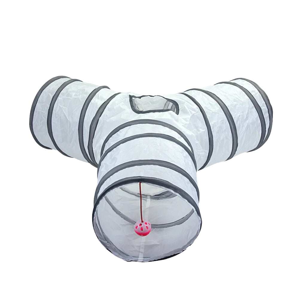 Purrfect Pet Haven Cat Tunnel Set three way white mesh tunnel with gray trim and pink hanging ball