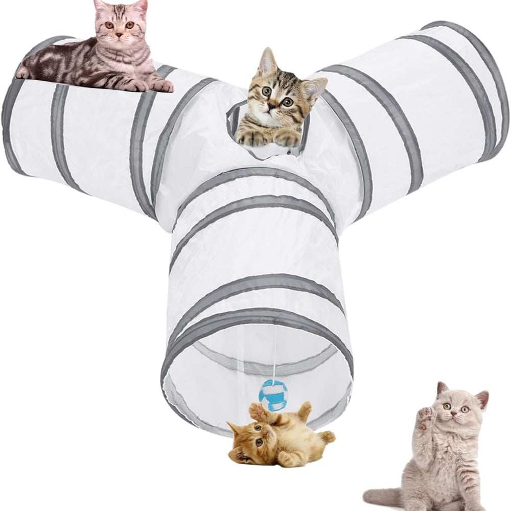 Purrfect Pet Haven Cat Tunnel Set three way white and gray play tunnel with kittens and dangling toy