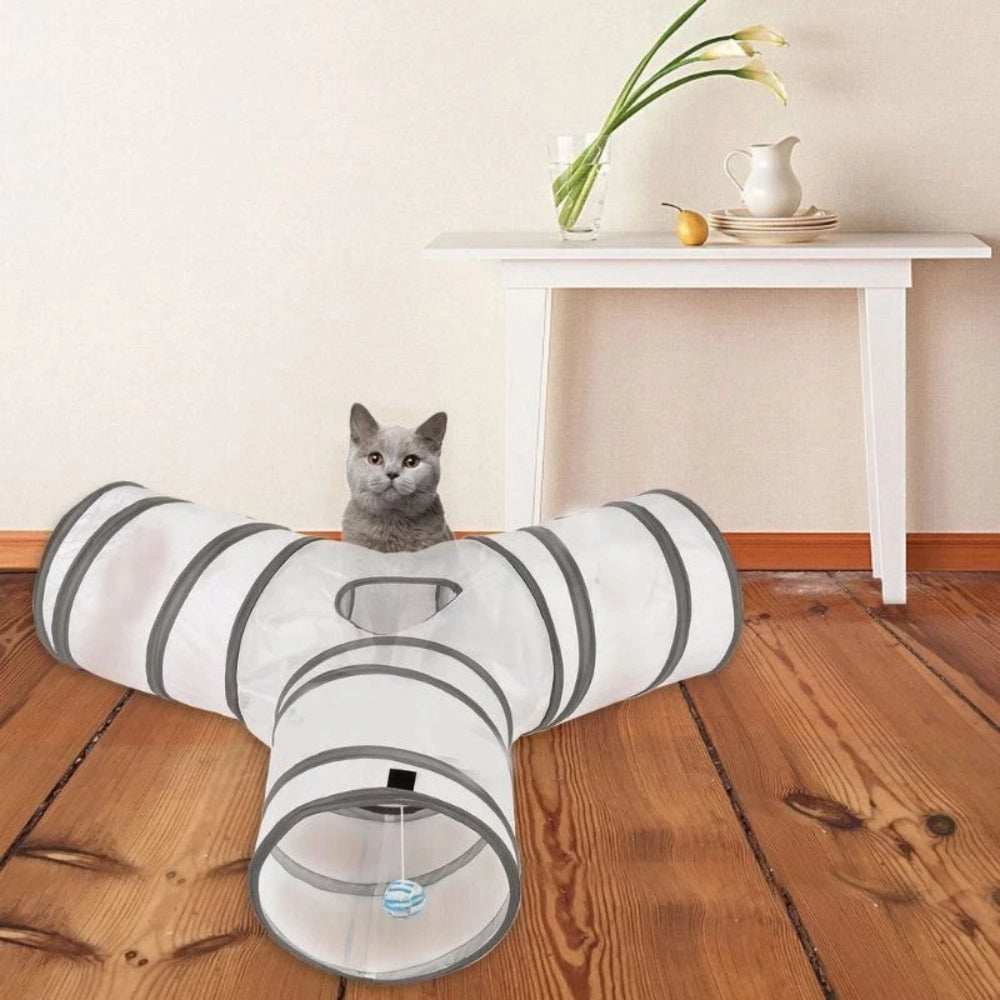 Purrfect Pet Haven Cat Tunnel Set white three way play tunnel with hanging ball toy and gray cat