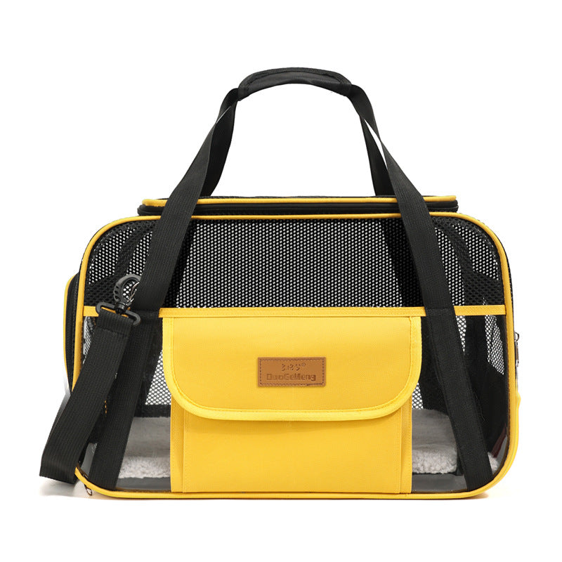Dropshipman yellow Pet Travel Carrier Bag with black trim mesh panels removable shoulder strap and fleece pad