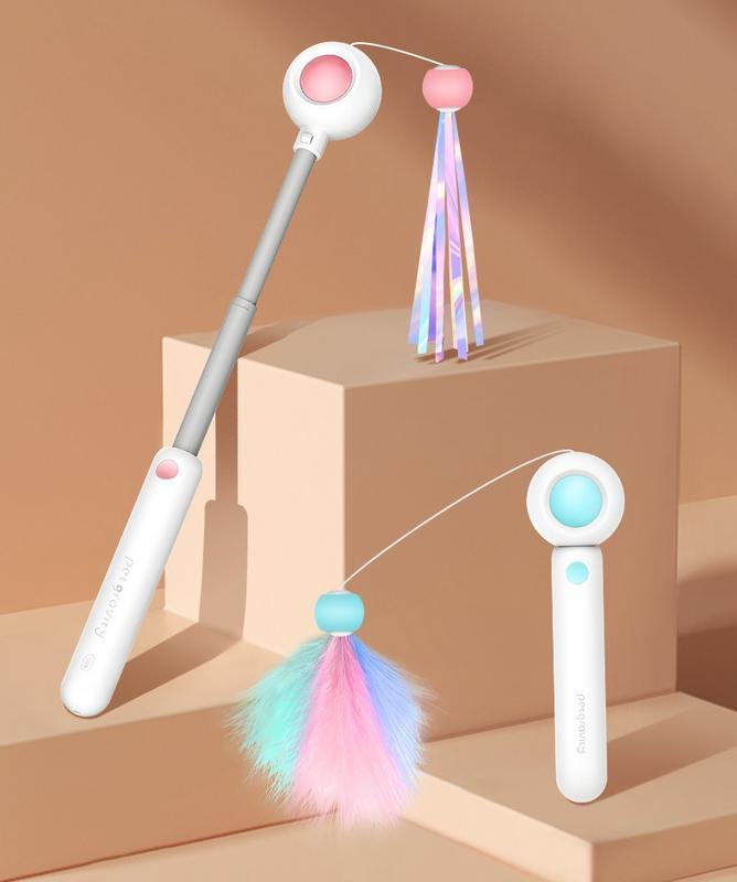 Wefulfil Retractable Interactive Laser pet toy with extendable wand and colorful feathers for cat play