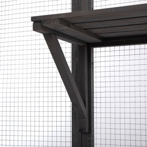 Wefulfil Outdoor Cat Enclosure Cage close up of dark wooden platform bracket and wire mesh safety panel