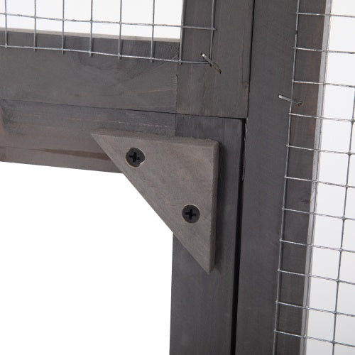 Wefulfil Outdoor Cat Enclosure Cage close up of dark wood corner bracket with screws and wire mesh