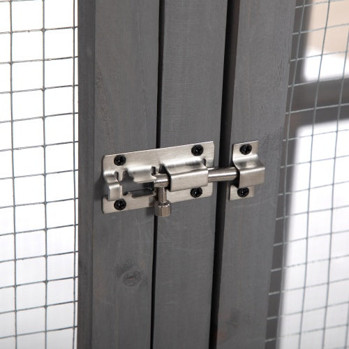 Wefulfil Outdoor Cat Enclosure Cage stainless steel door latch on gray wooden frame with wire mesh