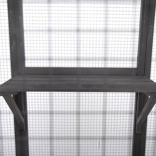 Wefulfil Outdoor Cat Enclosure Cage interior showing gray wooden perch shelf and wire mesh walls