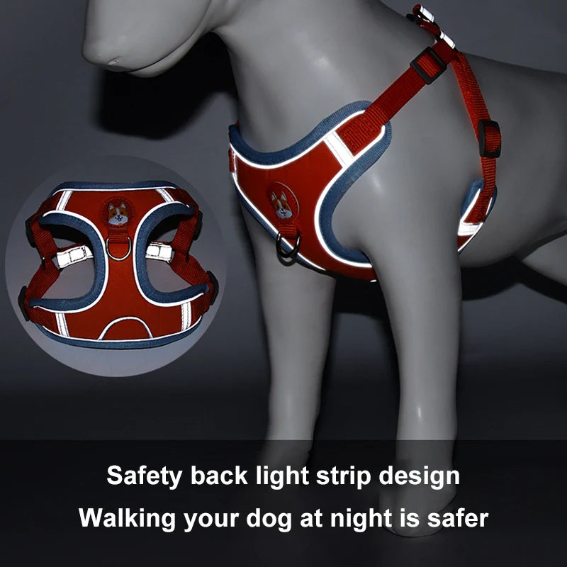 Wefulfil red reflective no pull dog harness for small dogs shown on mannequin with back light strip