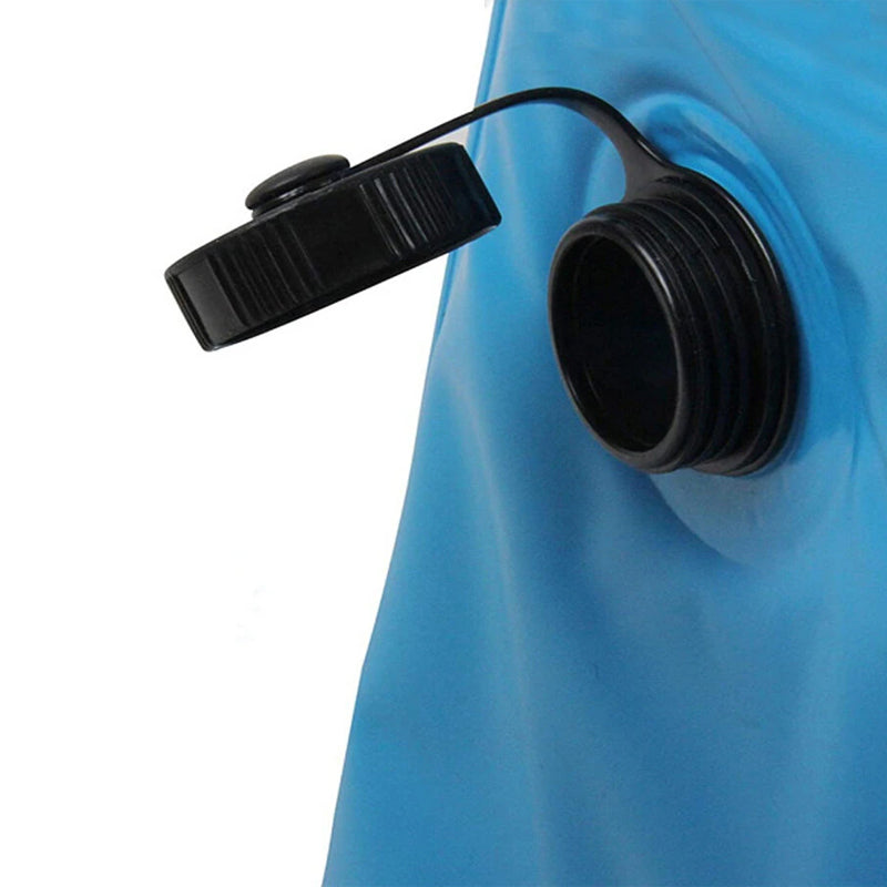 Purrfect Pet Haven blue inflatable Pet Outdoor Swimming Pool valve with tethered black screw cap closeup
