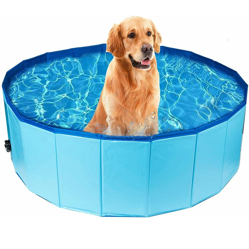 Golden retriever enjoying a blue foldable Pet Outdoor Swimming Pool by Purrfect Pet Haven for cooling off