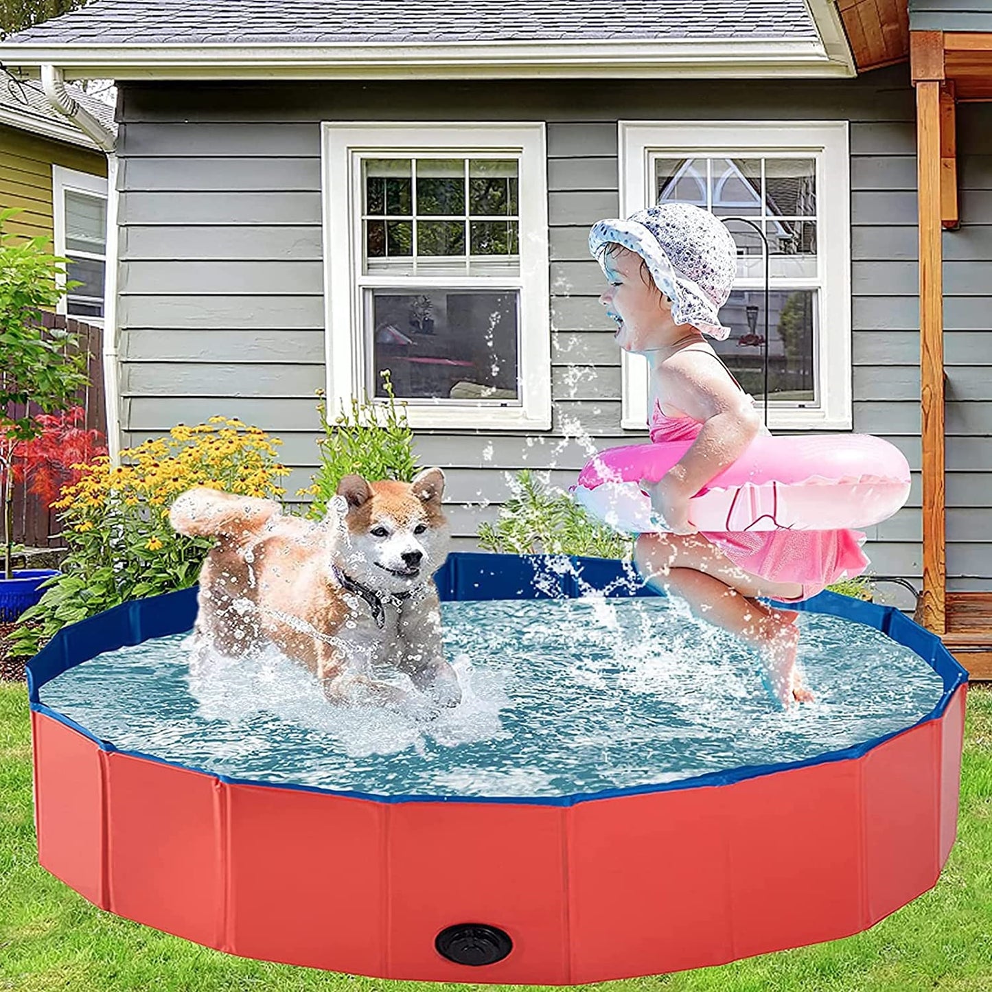 Purrfect Pet Haven red collapsible Pet Outdoor Swimming Pool with playful dog and child splashing in backyard