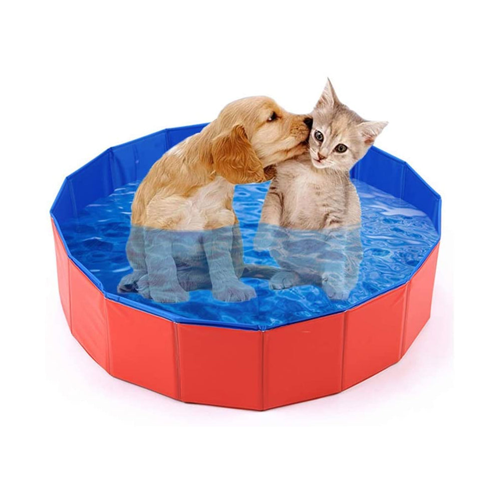 Purrfect Pet Haven Pet Outdoor Swimming Pool red foldable pool with puppy and kitten playing inside