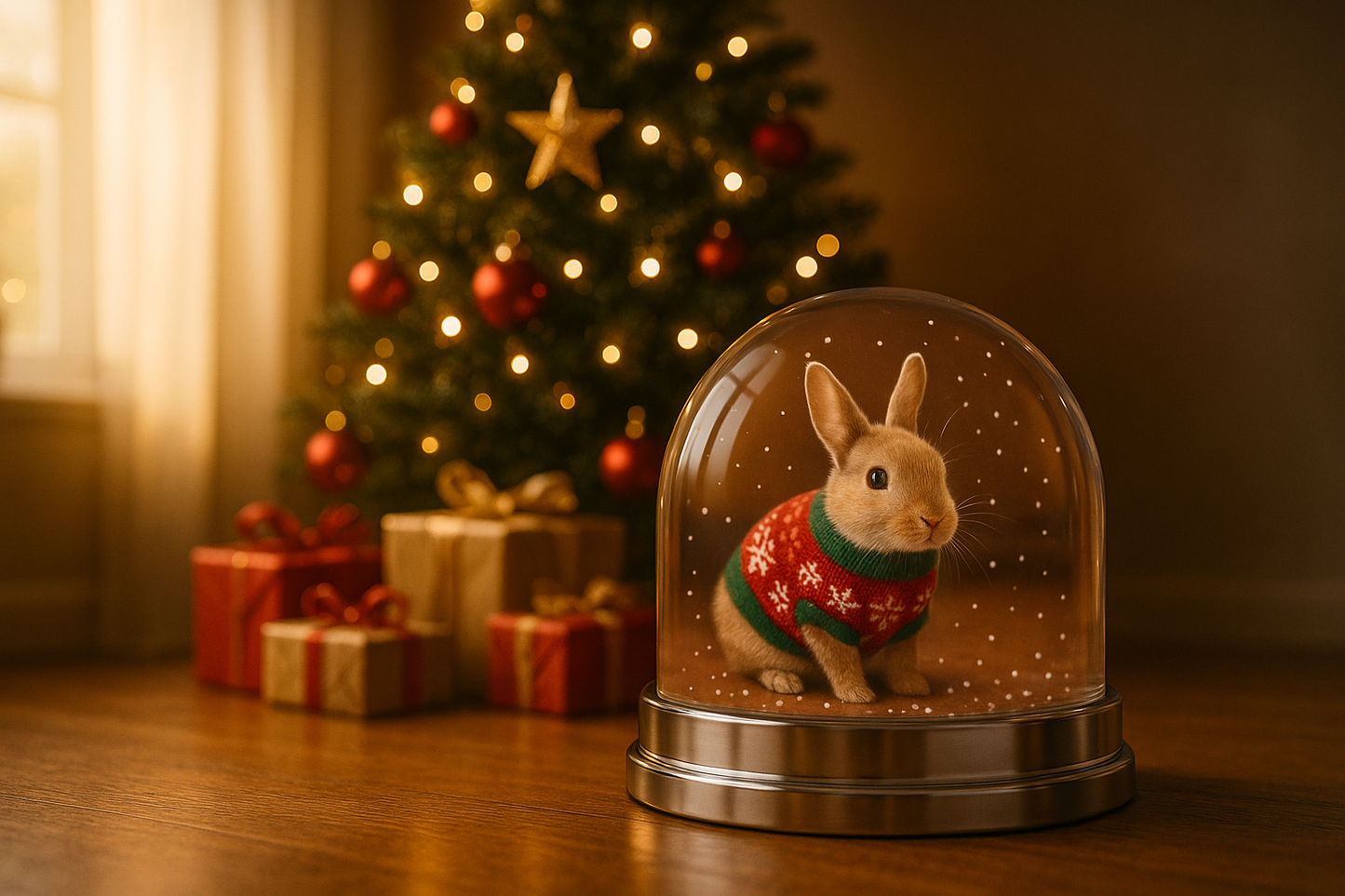 Pet Keepsake Snow Globe with a small rabbit in a holiday sweater on wooden table near decorated Christmas tree and gifts