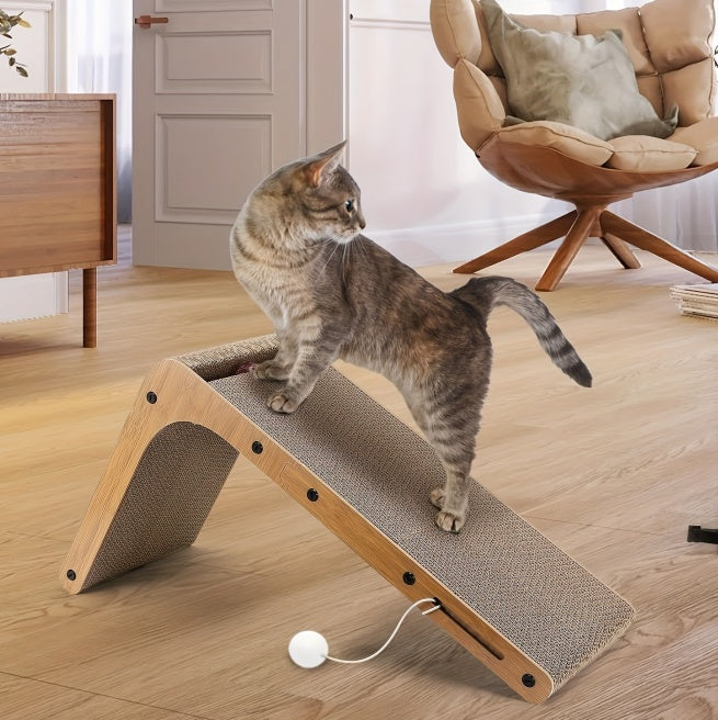 Wefulfil large cat scratching board with tabby cat on angled wooden frame and corrugated surface in living room