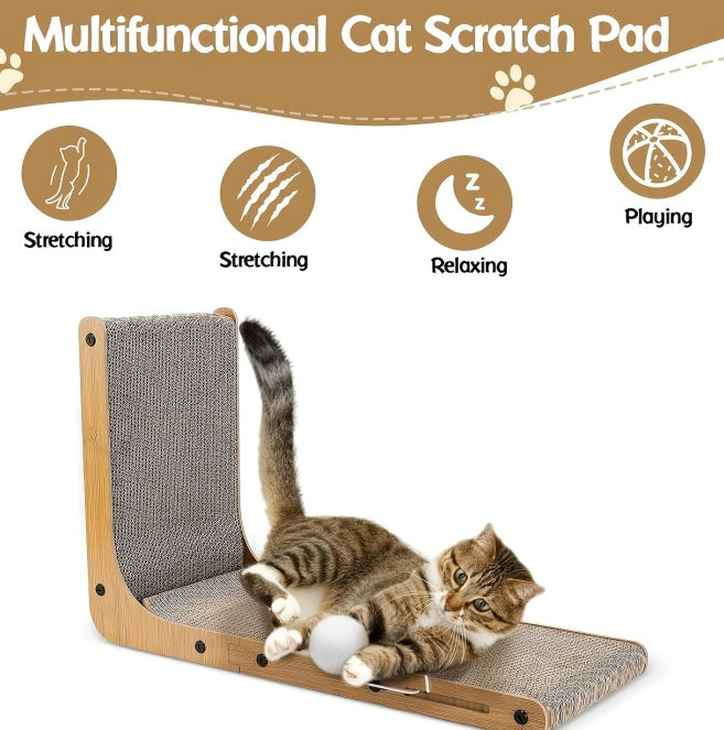 Wefulfil large cat scratching board L shaped wooden frame with corrugated pad and toy ball showing cat playing