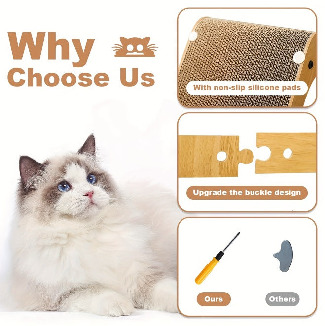 Wefulfil large cat scratching board with non slip silicone pads upgraded buckle design shown beside fluffy white and gray cat