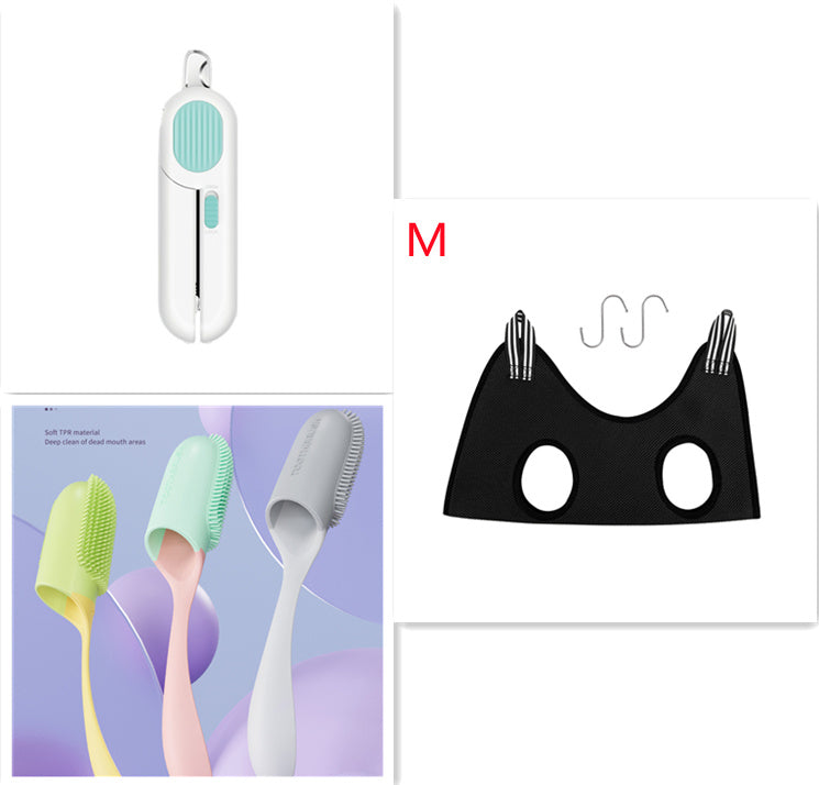 Wefulfil LED pet nail clippers and grooming set showing white LED pet nail clippers black harness and pastel brushes