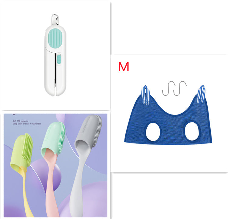 Wefulfil LED pet nail clippers with silicone grooming brushes and blue cat restraint bag for safe trimming