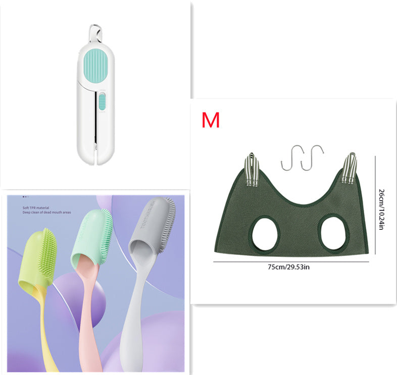 Wefulfil LED pet nail clippers with pastel silicone grooming brushes and protective pet harness cover