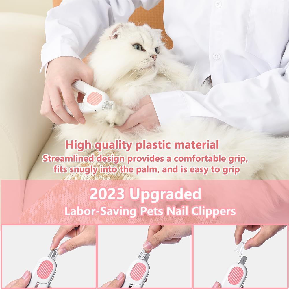 Wefulfil LED pet nail clippers trimming a fluffy white cat paw showing ergonomic grip and LED light