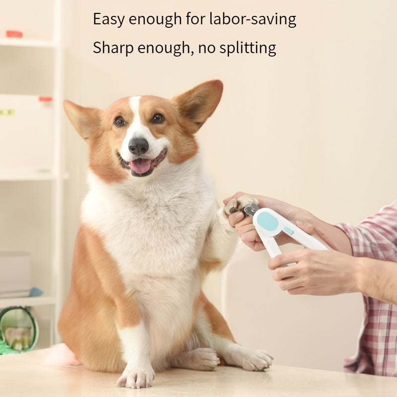 Wefulfil LED pet nail clippers trimming a happy corgi paw on table with built in light for safe precise cuts
