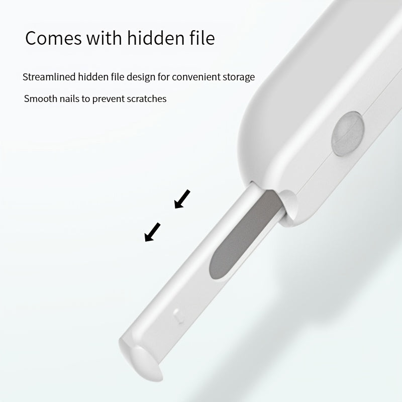White Wefulfil LED pet nail clippers close up showing hidden retractable nail file for safe trimming