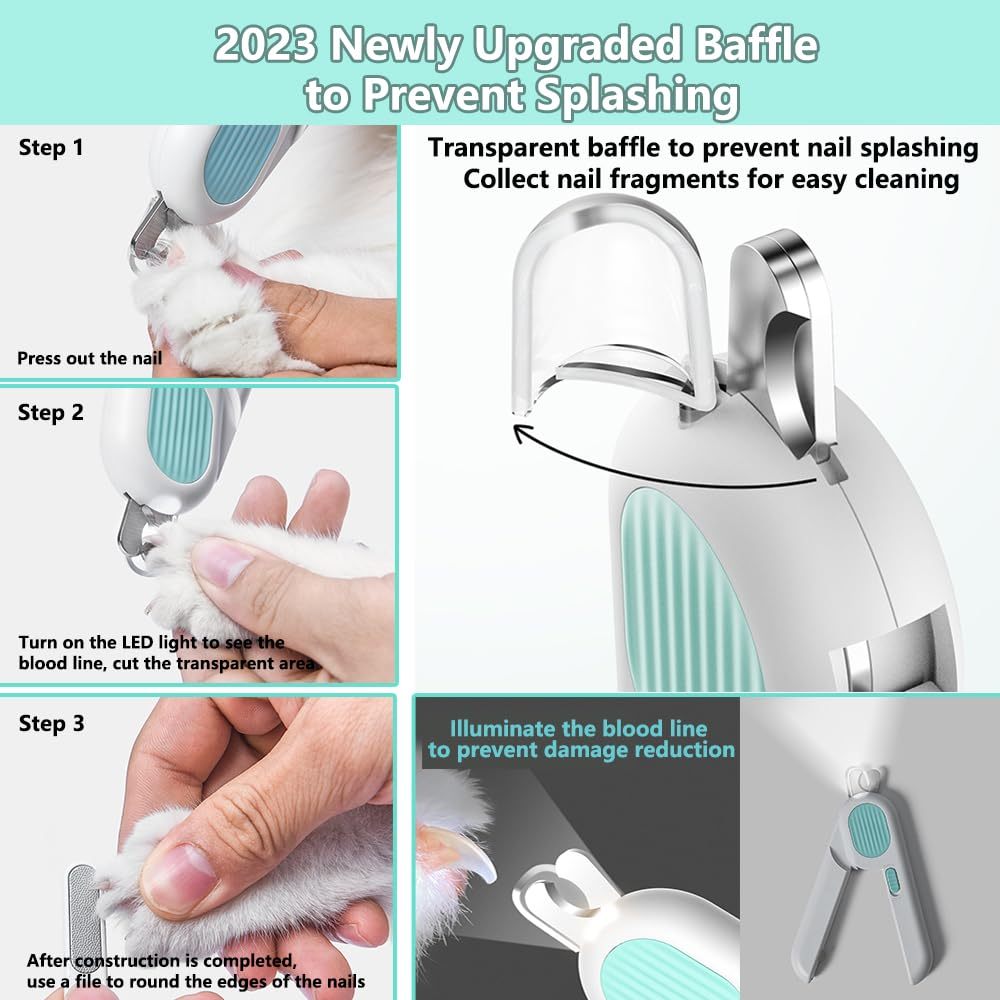 Wefulfil LED pet nail clippers with transparent splash baffle that collects fragments and LED light for safe trimming