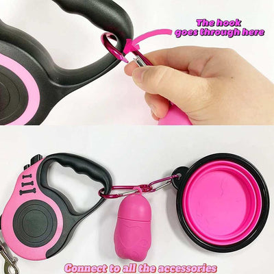 Wefulfil Retractable Dog Leash in pink and black with ergonomic handle carabiner collapsible travel bowl and waste bag dispenser